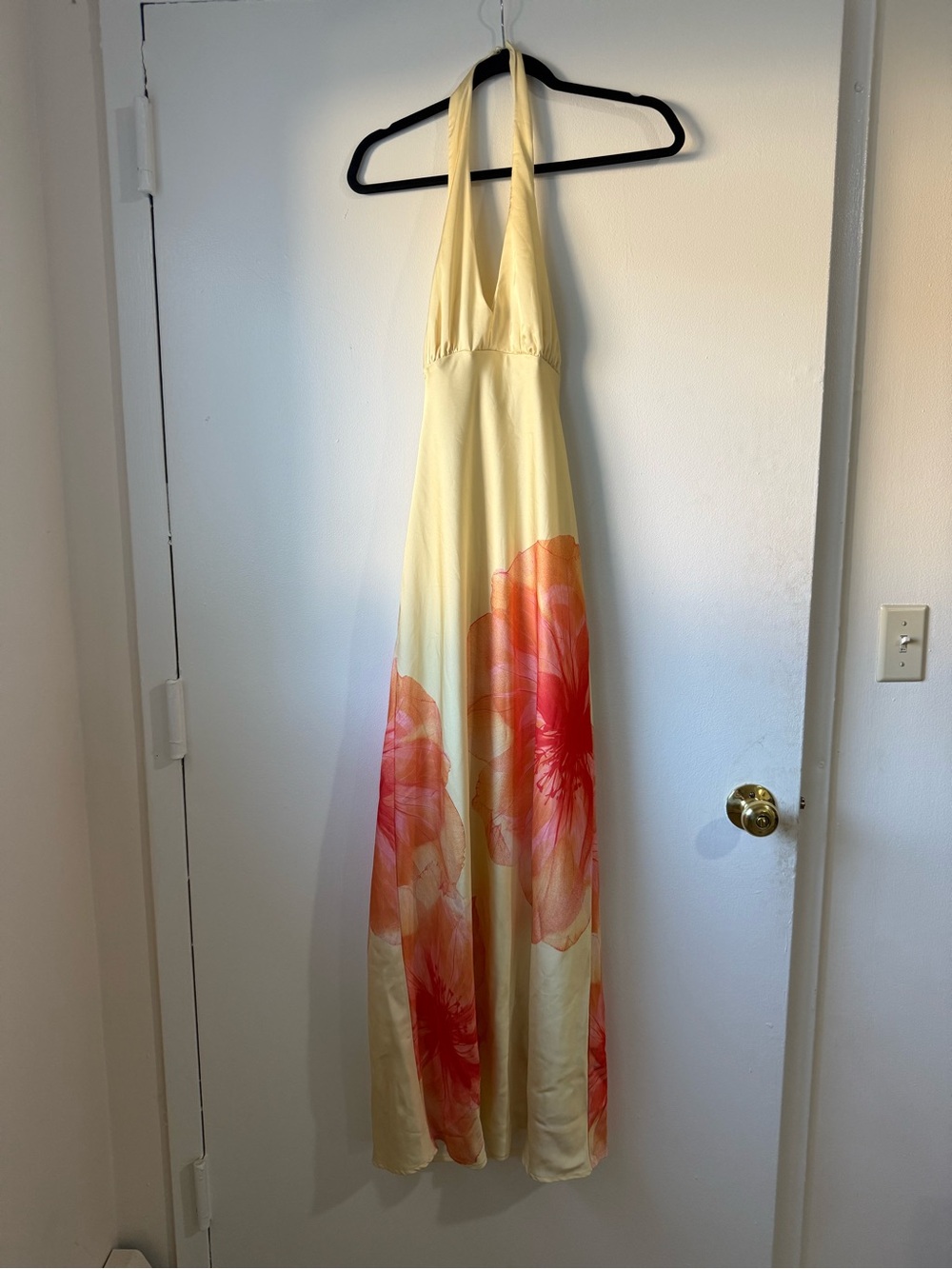 Sunset Floral Halter Maxi Dress in Pale Yellow and Coral